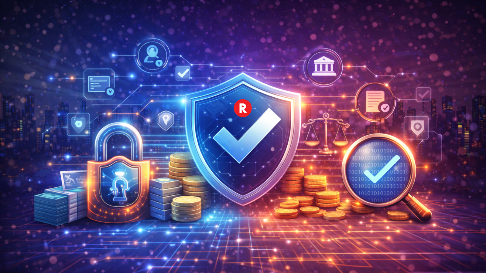 Compliance and regulation in fintech payments, showing secure infrastructure connecting crypto, fiat, and global financial systems